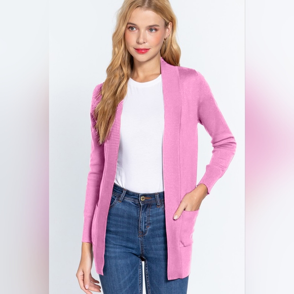 ACTIVE BASIC Ribbed Trim Open Front Cardigan - Picture 4 of 5